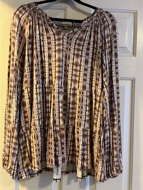 Wonderly Brown Tie-Dye Long Sleeve Peasant Tunic
